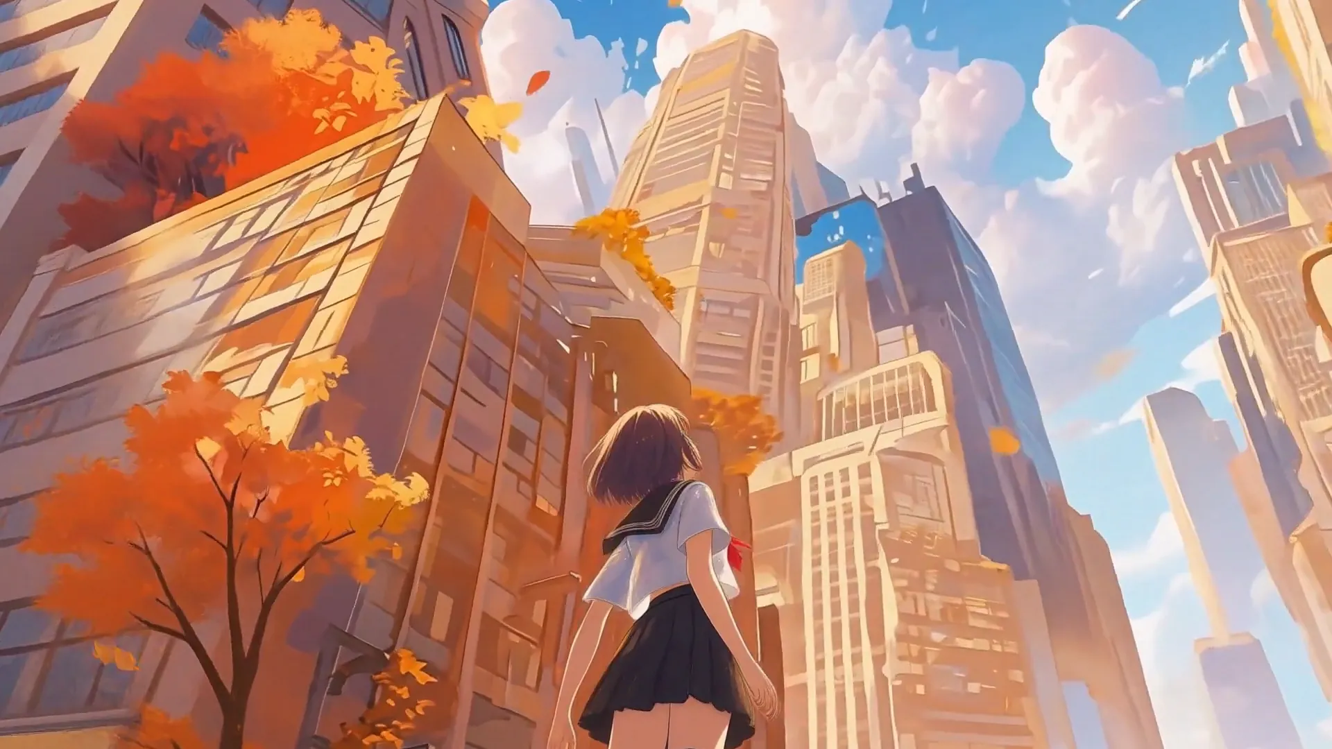 A figure looks toward the buildings as autumn leaves fall