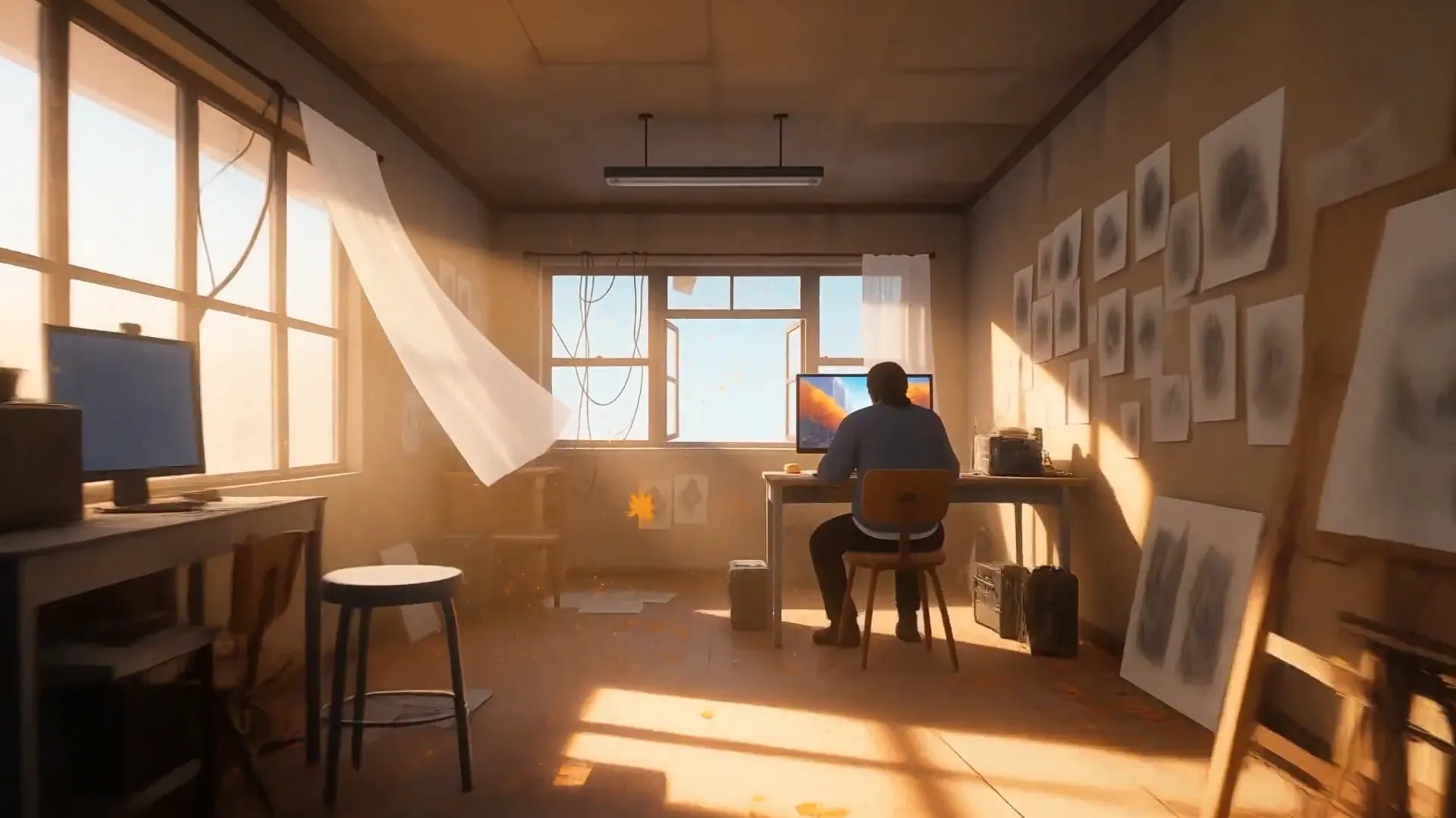A journey from the street to a lit room, then through its window toward the city sky